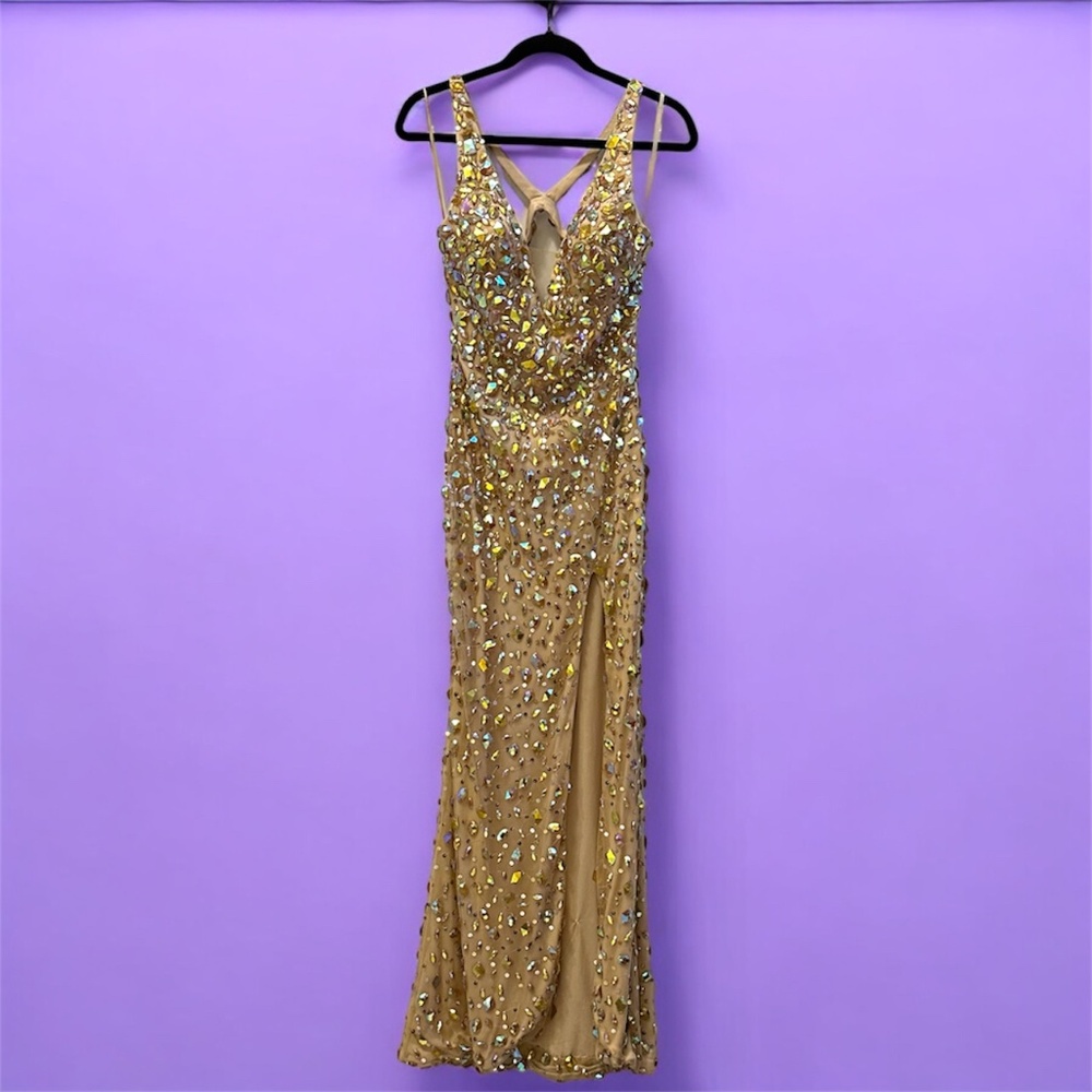 La Femme Tan Sequin Mirror V Neck Dress